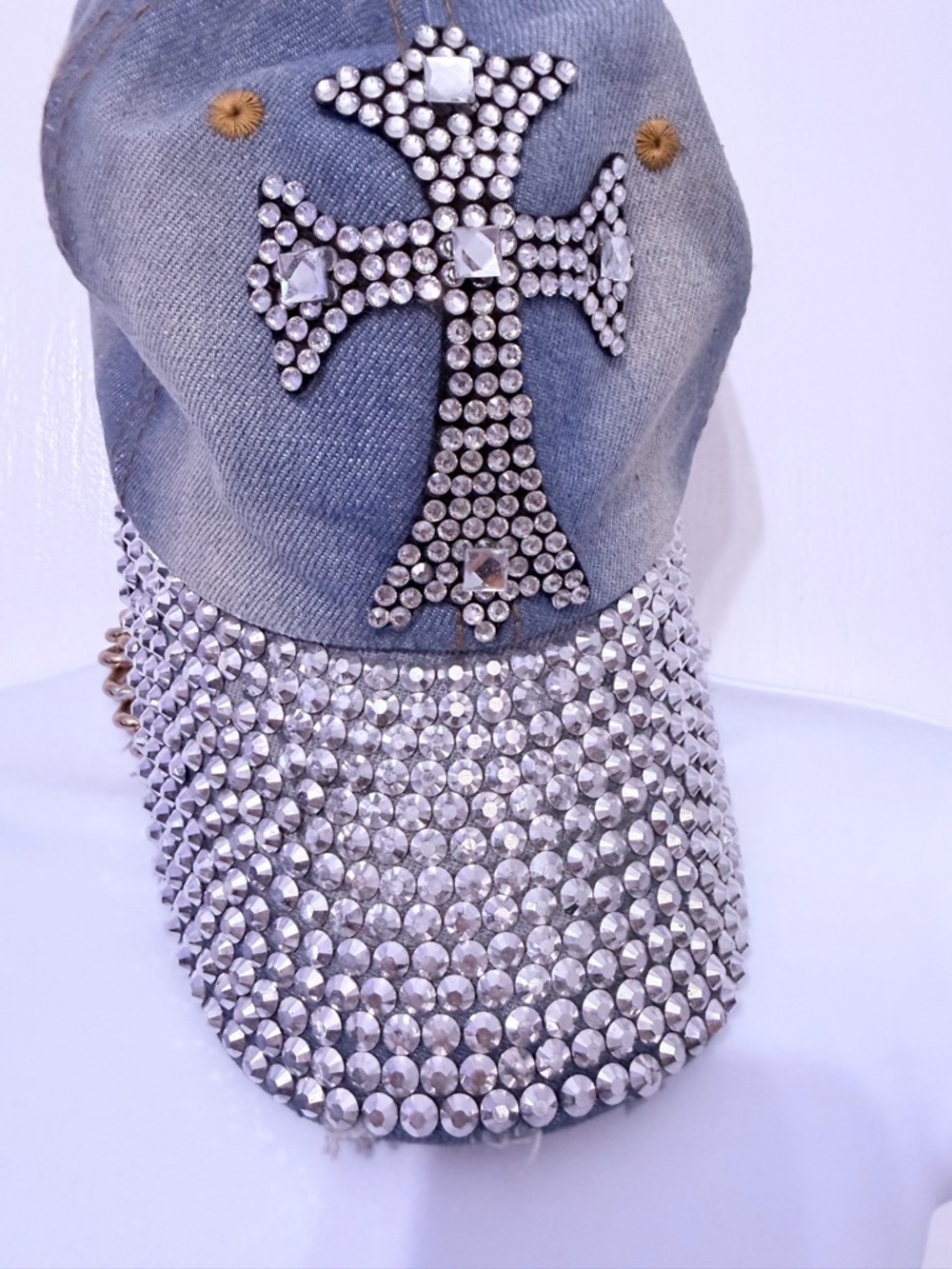 Crystal Cross Denim Baseball Cap - Gray